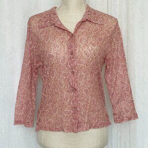 Vintage Womens Top Medium Diagonal 90s Pink Sheer Mesh Button Up Fairycore